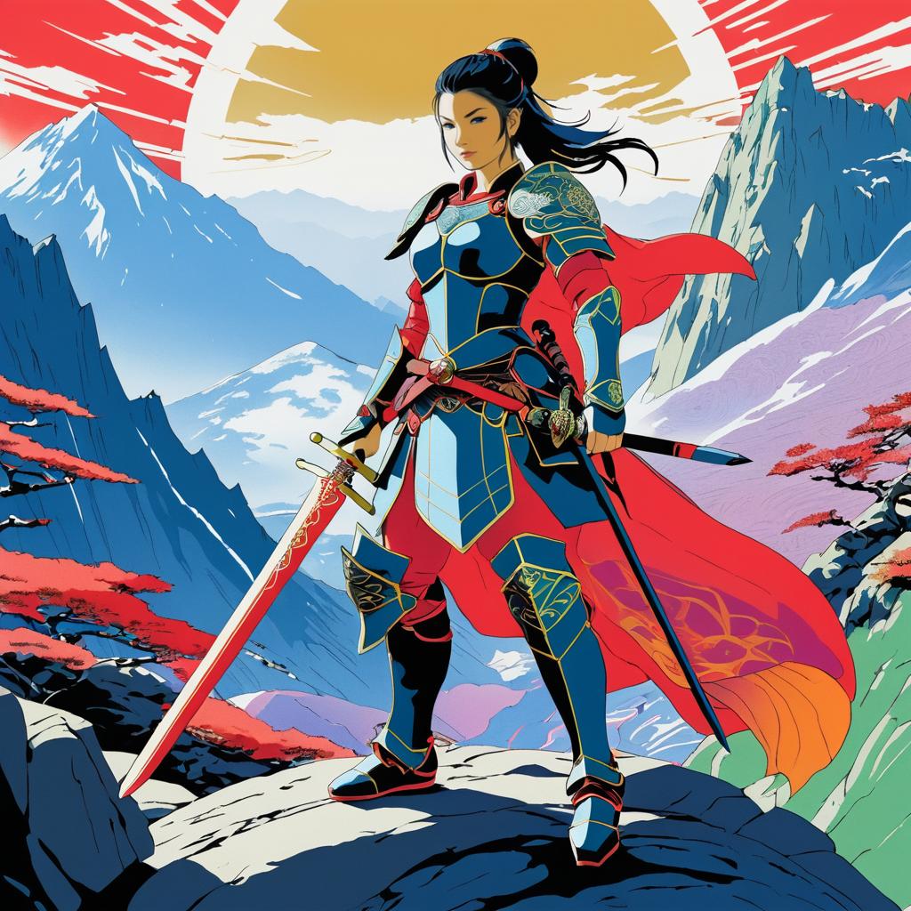 Valiant Female Warrior in Majestic Mountains