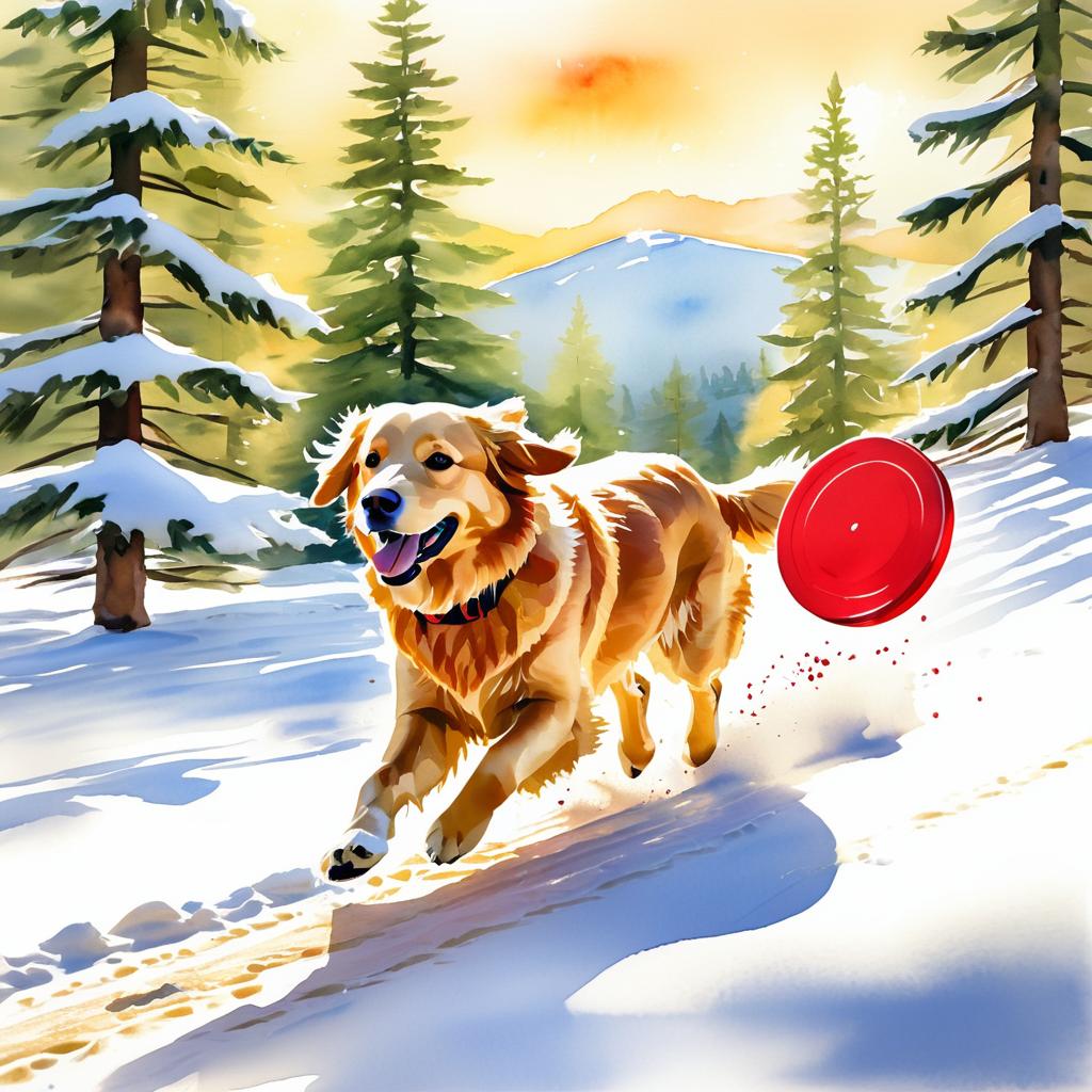 Golden Retriever Playing on Snowy Trail