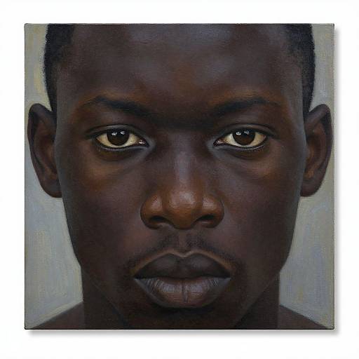 Hyper-realistic painting of a serious, dark-skinned young man with intense brown eyes, short hair, and subtle shadows against a light gray background.