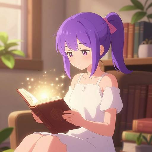 Anime-style digital drawing of a purple-haired girl with a ponytail reading a glowing book in a cozy, sunlit room.