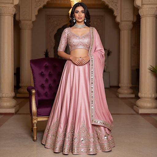 Woman in Baby Pink Lehenga with Mirror Work