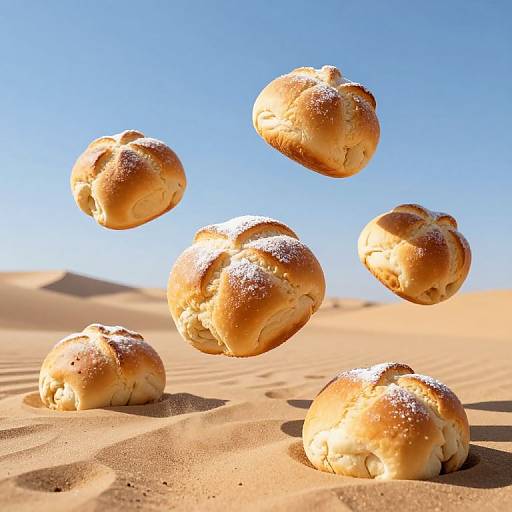 Photograph of five golden-brown, dusted bagels suspended mid-air over a sunlit, sandy desert with a clear blue sky background.