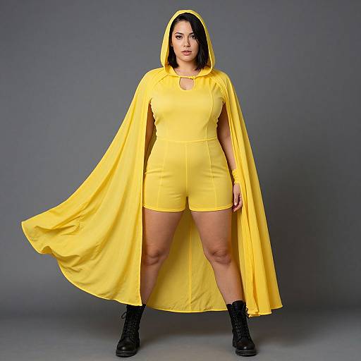 Photograph of a plus-size Asian woman in a bright yellow hooded cape and matching romper, standing against a gray background, wearing black boots.