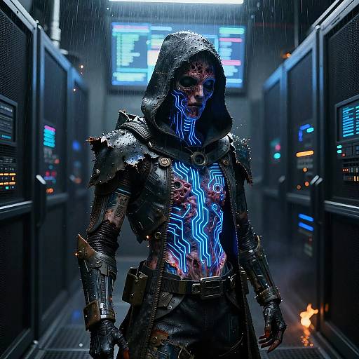 Cyberpunk hooded warrior with glowing blue circuitry on chest, wearing dark armor, standing in a rain-soaked, neon-lit server room