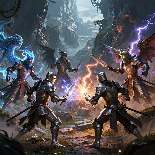Epic fantasy battle: armored warriors clash with magical energy, blue and orange lightning, in a dark, rocky, forested landscape. Digital artwork.