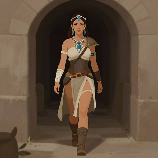 Digital art of a strong, brown-skinned woman with dark hair, wearing tribal armor, turquoise jewelry, white and brown loincloth, walking through