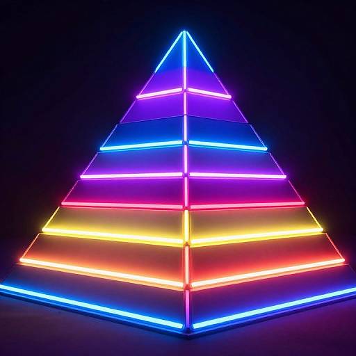 Neon-lit, geometric Christmas tree made of triangular LED strips in vibrant colors (blue, pink, purple, yellow, red, orange) against