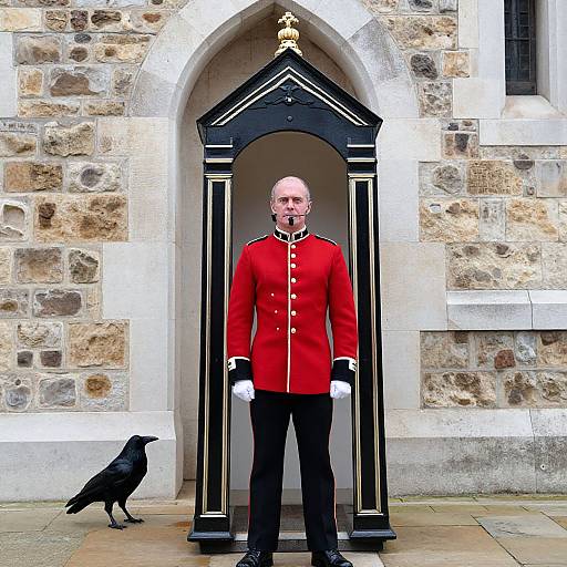 Photograph of a bald man in a red military uniform standing in a stone archway with a black rook on the ground.