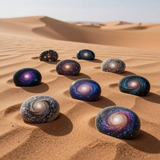Photograph of nine glowing, galaxy-patterned orbs scattered on sunlit, undulating sand dunes under a clear, bright sky.