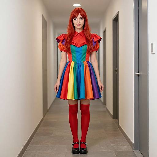Red Rainbow Costume in Hallway
