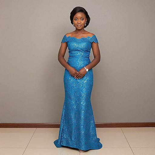 Photograph of a Black woman with dark skin, wearing an off-shoulder, sparkling blue gown, standing against a plain gray wall.
