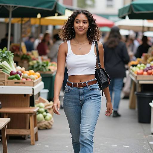 Photograph of a young woman with curly hair, wearing a white crop top, blue jeans, and brown belt, walking confidently through a bustling outdoor market