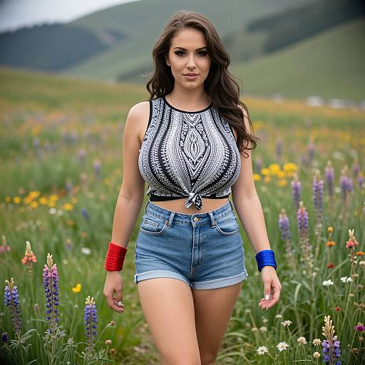 Photograph of a confident woman with long brown hair, wearing a black and white patterned crop top and blue denim shorts, walking through a colorful me
