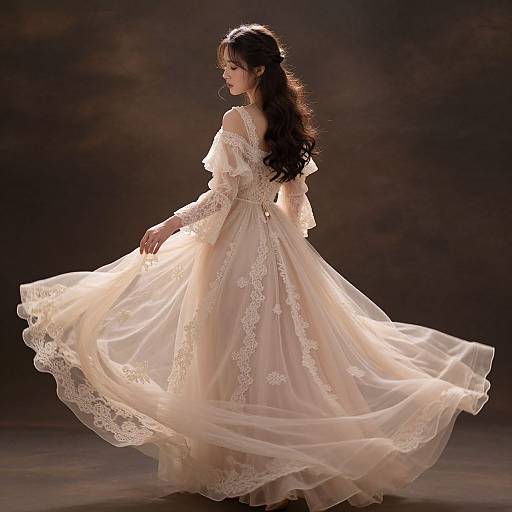 Photograph of a woman with long, wavy brown hair in an elegant, off-shoulder, lace-embellished, flowing white ball