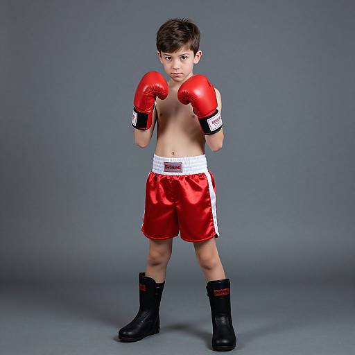 Photograph of a young boy with short brown hair, shirtless, wearing red boxing gloves, red shorts, white belt, black boots, standing in