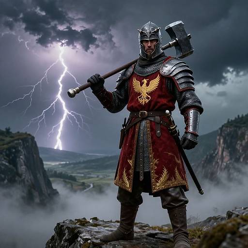 Digital artwork of a muscular warrior in medieval armor with a hammer, standing on a rocky cliff during a lightning storm. Red tunic with golden eagle emblem