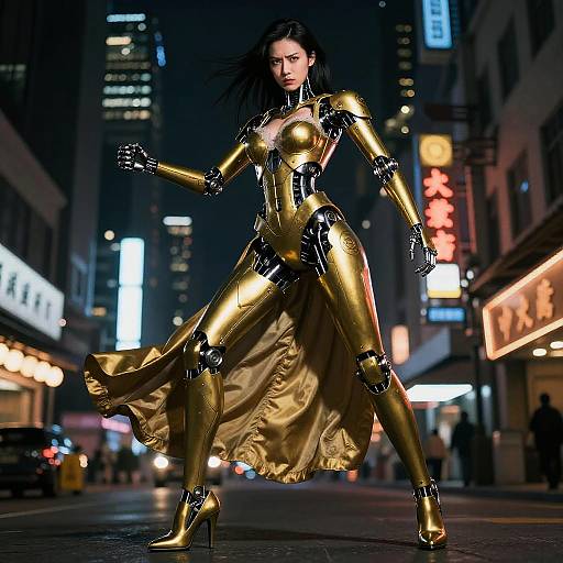 CGI image of a fierce, dark-haired woman in a shiny, gold armored bodysuit with a flowing cape, standing confidently in a neon-l