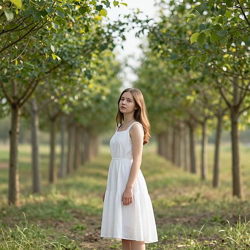 Photograph of a young woman with long brown hair in a white sleeveless dress standing in a sunlit, tree-lined orchard.