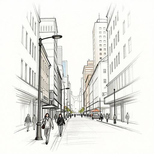 Urban sketch: black and white drawing of a busy city street with tall buildings, streetlights, pedestrians, and a few cars in the distance.