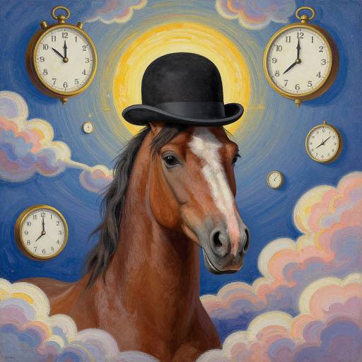 Digital painting of a brown horse with a white stripe, wearing a black bowler hat, surrounded by clocks and colorful clouds against a blue sky with a
