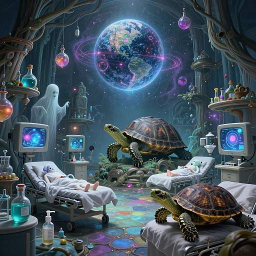 Fantastical lab scene with two turtles in hospital beds, glowing equipment, a floating ghost, and a cosmic planet in the background.