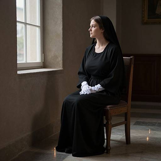 Photograph of a solemn woman in a black nun's habit and veil, white gloves, sitting in dimly lit room by window.