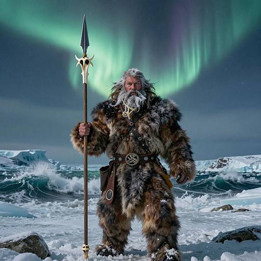 Photograph of a bearded, white-haired man in fur clothing holding a spear, standing in a snowy, oceanic landscape with vibrant green northern lights