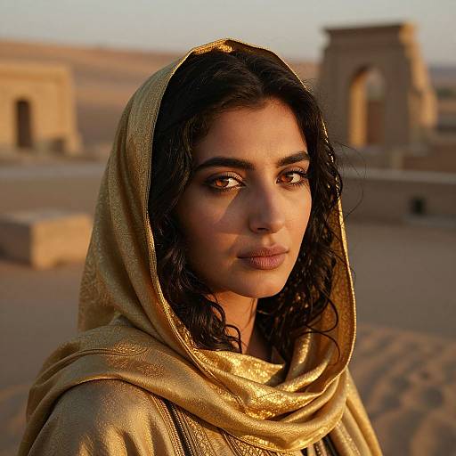 Photograph of a young woman with olive skin and dark curly hair, wearing a shimmering gold headscarf, standing in a sunlit ancient desert