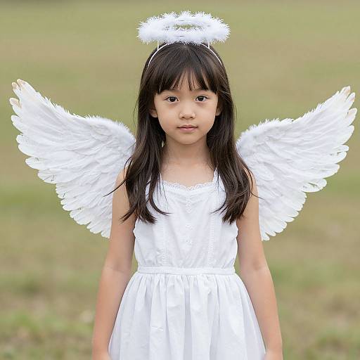 Photograph of an Asian young girl with long black hair, wearing a white angel dress, halo, and feathered wings, standing in a grassy