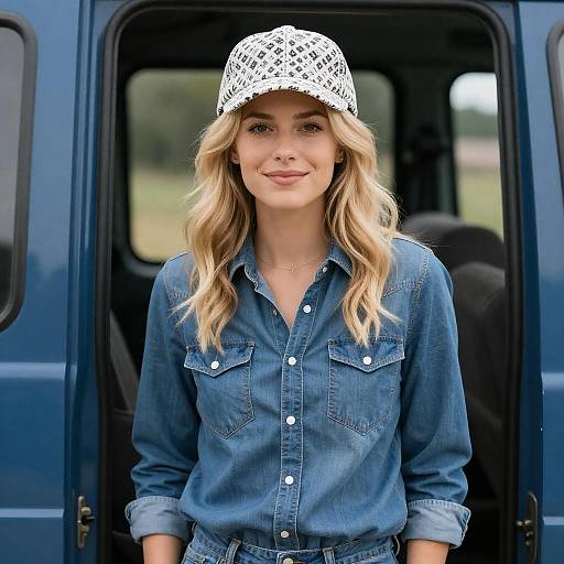 Smiling Blonde Woman in Denim Doorway