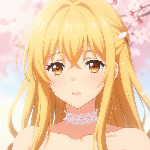 Digital anime-style drawing of a blonde girl with long hair, amber eyes, and a white lace choker, against a soft pink and white cherry blossom