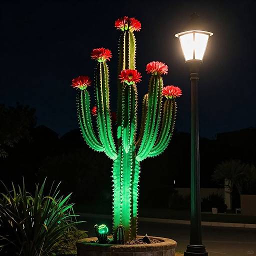 Photograph of a brightly illuminated, green-lit cactus with red flowers, standing next to a glowing streetlamp at night.