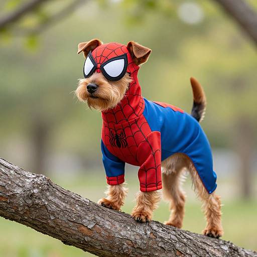 Cute, small brown dog in Spider-Man costume with red and blue suit, black web pattern, and white eye masks, standing on tree branch in