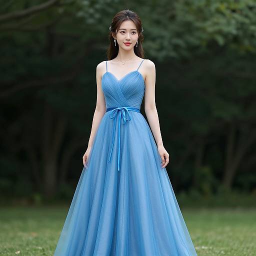 Photograph of an East Asian woman with fair skin, black hair in a loose updo, wearing a blue, V-neck, sleeveless ball gown