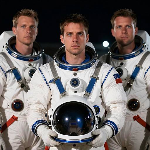 Three Astronauts in White and Blue Space Suits