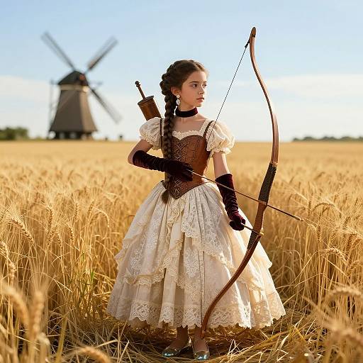 Photograph: Young woman in Victorian-style white lace dress, black gloves, and bow, standing in golden wheat field with windmill in background.