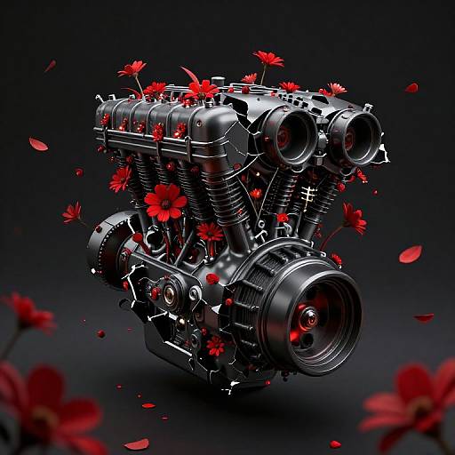 Digital artwork of a sleek, metallic engine with red flowers and petals floating around it, set against a dark gradient background.