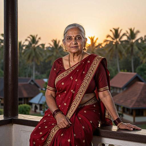 Photograph of an elderly Indian woman with gray hair, wearing a red sari with gold embroidery, sitting at sunset, palm trees and traditional buildings in