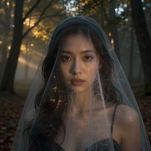 Photograph of a young woman with long dark hair, wearing a sheer veil, in a forest at dusk, with soft golden light filtering through trees in