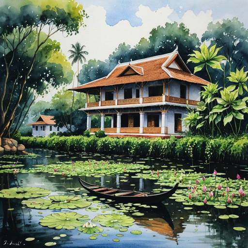Watercolor of Konkani Heritage House by Lotus-Filled River