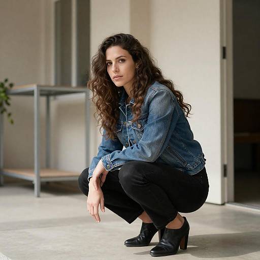 Candid Woman Crouching by Beige Building