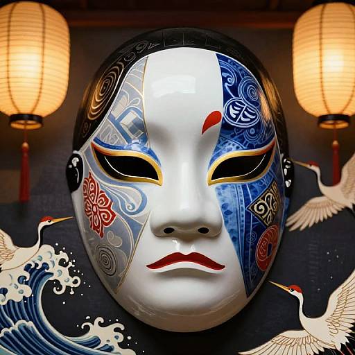 Photograph of a white Noh mask with blue, black, and red intricate patterns, flanked by two illuminated paper lanterns and two white cr