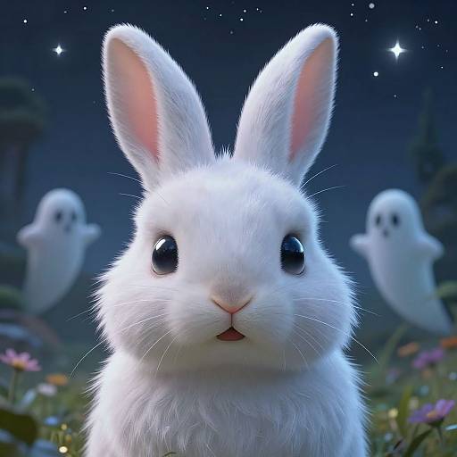 Photorealistic CGI image of a white rabbit with fluffy fur, large black eyes, and pink inner ears, surrounded by two ghostly figures in a