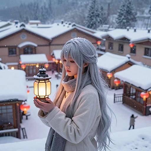 Young Woman with Lantern in Snowy Village