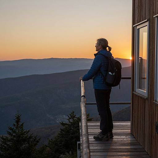 Photograph of a woman with a backpack, blue jacket, and black pants, standing on a wooden balcony at sunset, gazing at mountainous landscape