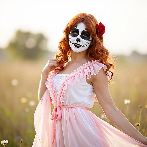 Photograph of a pale-skinned woman with red hair, black face paint, wearing a white off-shoulder dress with pink ruffles and a