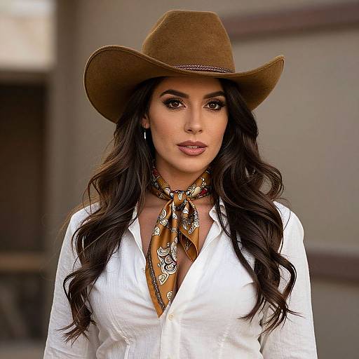 Photograph of a woman with long, wavy black hair, wearing a brown cowboy hat, white button-down shirt, and orange paisley scarf,