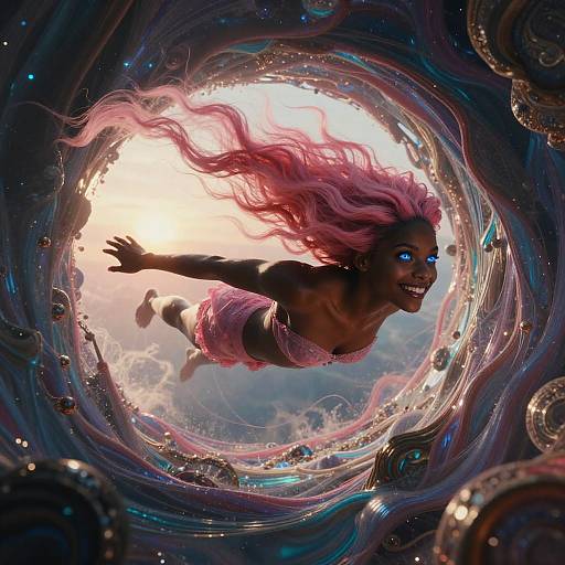 Dark Skinned Girl Flying Through Magical Portal