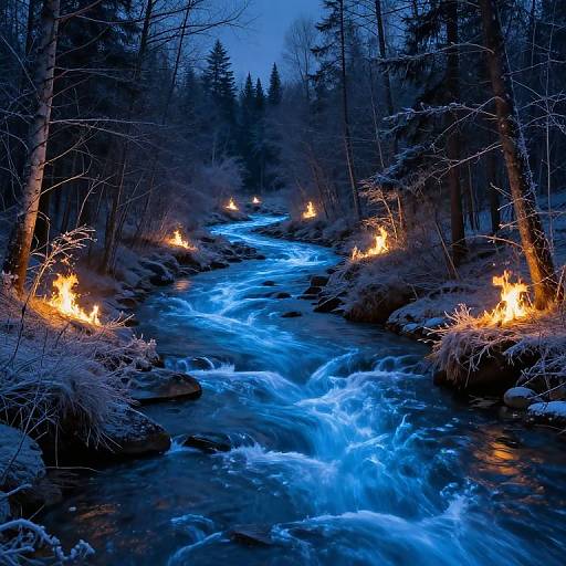 Photograph of a glowing blue river at night, surrounded by lit torches and snow-covered trees, creating a mystical, enchanted forest atmosphere.