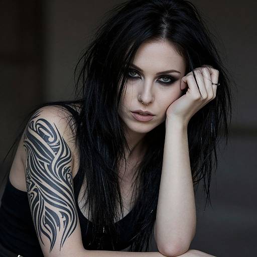 Photograph of a pale-skinned, black-haired woman with striking blue eyes, heavy black eyeliner, and a large tribal tattoo on her left arm